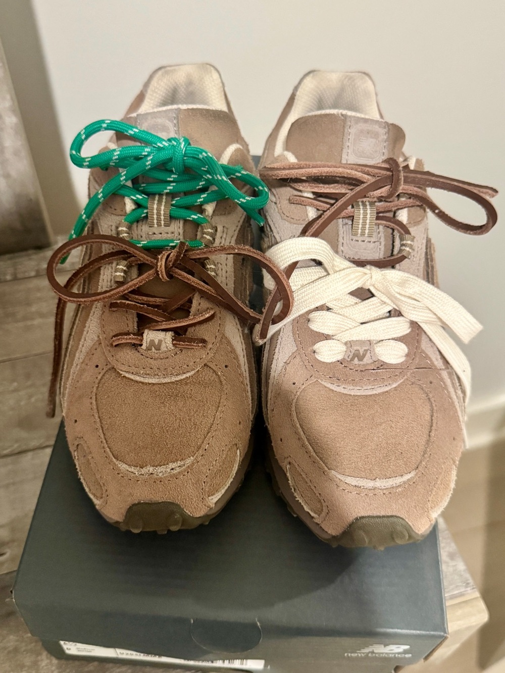 New Balance Brown Suede Sneakers with Mixed Laces
